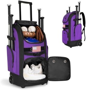 Rolling Baseball Bag with Wheels, 60L Capacity Wheeled Softball bag with Shoe Compartment for Youth & Adult, Bat bag with Hidden Straps,Fence Hook,Holds 4 Bat, Helmet, Glove