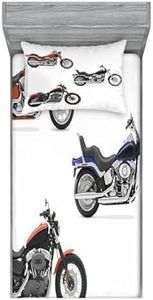 Ambesonne Motorcycle Fitted Sheet & Pillow Sham Set, Illustration of 3 Motorcycles Freedom Transport Risky Extreme Sports Theme, Decorative Printed 2 Piece Bedding Decor Set, Twin, Orange Dark Grey