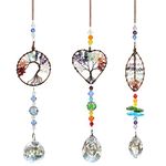 EEEKit 3Pcs Crystal Suncatchers, Tree of Life Hanging Ornament, Healing Gemstone Wall Hanger, Rainbow Maker Prism Ball Pendant with Chakra Beads for Window Garden Car Decor