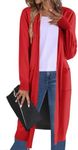 Zeagoo Women's Long Cardigans 2024 Fall Open Front Casual Knit Duster Coat with Pockets Red