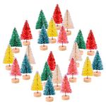 KUUQA 24Pcs Multicolor Mini Sisal Trees Bottle Brush Trees Mini Pine Trees with Wood Base Snow Frosted Trees Winter Snow Ornaments Tabletop Trees for Christmas Party Home Decoration