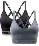 ANGOOL Strappy Sports Bras for Women, Longline Medium Support Yoga Bra Wirefree Padded Sports Bra with Adjustable Straps Black Grey 2 Pack