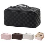 Makeup Bag, Pu Leather Waterproof Make Up Bag with Handle and Divider Fashionable Makeup Organiser Bag Portable Travel Makeup Bag Multifunctional Storage Large Makeup Bag for Women Girl (Black)