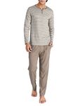 DAVID ARCHY Mens Pajamas Set Cotton Long Sleeve Sleepwear Lounge Wear Pants with Pocket Striped Henry Collar (L, Heather Dark Coffee)