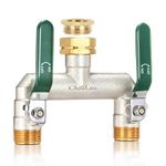ChiuLau Brass 2 Way Hose Splitter, High Flow Garden Outdoor Faucet Splitter, 1/2 inch and 3/4 inch Tap Connector with On/Off Valves, 3-inch Extended Metal Handle Frost Resistant Full Flow Hose Adapter