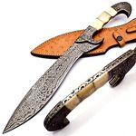 Nooraki MK-2007 Handmade Damascus Steel Fixed Blade Machete/Kukri Knife with Leather Sheath, Full Tang Multipurpose Knife with Camel Bone Handle for Hunting, Hiking, Camping, Survival, 18" Length