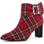 Perphy Plaid Pointy Toe Rhinestone Bow Decor Chunky Heels Ankle Boots for Women, Red, 7 UK