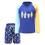 Boys Two Piece Rash Guard Swimsuits Set with Swim Trunk Kids Long Sleeve Bathing Suit Swimwear Set, Surfboards Blue, 8-10 Years