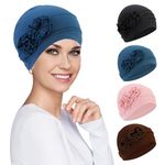 XEPST 4 Pieces Chemo Headwear for Women, Turbans Cap Beanie Hat Head Wraps Hair Coverings for Women, Women's Sleep Caps Chemo Cancer Hat with Flower Design, 4 Colors