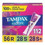 Tampax, Radiant Tampons, Plastic Applicator, TriPack, Regular/Super/Super Plus Absorbency, 112 Total Count (4 Packs of 28 Count)