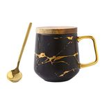 Eplze YBK Tech Porcelain Tea Cup Coffee Mug Set for Afternoon Tea - Marble Pattern (Black, Tall 400ml + Wood lid)