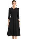 Allegra K Women's Elegant V Neck Pockets 3/4 Sleeve Work A-Line Dress Black X-Small