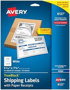 Avery Shipping Labels w/Paper Receipts and TrueBlock Technology for Inkjet Printers 5-1/16 x 7-5/8, Pack of 25 (8127)