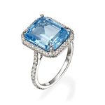 Psiroy 925 Sterling Silver Plated Emerald Shaped Simulated Blue Topaz CZ Halo Engagement Wedding Ring for Women, Sterling Silver, Cubic Zirconia