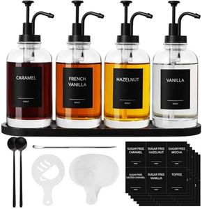 ALPIRIRAL Coffee Bar Accessories, Glass Syrup Dispenser with Pump, 16.9 fl oz/500ml Syrup Bottles for Coffee Bar Organizer, Labels, Spoons,4 Pack