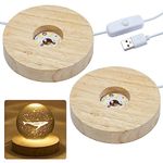 NEWCOMDIGI 2PCS LED Lights Display Base Wooden Desktop Lighted Base Color Temperature 3000K USB Crystal Sphere Round Holder Display Stand for 3D Crystal Glass Resin Art, Warm White Light
