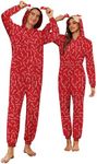 Ekouaer Matching Pajamas for Couples Christmas Onesie Adult Zipper Elk Antler Hooded Long Sleeve Pjs with Pockets Red Cane S