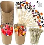 300 Pcs Halloween Cocktail Picks with 50 Pcs Charcuterie Cups Halloween Pumpkin Bats Skull Toothpicks Halloween Fruit Sticks Skewers 14 oz Kraft Appetizers Cups for Halloween Party Decorations