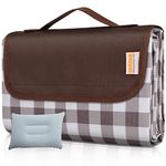 SAMSIER Large Outdoor Picnic Blankets Waterproof Foldable with Pillow, Beach Blanket Sandproof Portable, Cute Picnic Mat Washable 60"×80" (Brown, 1 Pack)