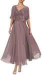 Geforsp 2 Piece Tea Length Mother of The Bride Dresses with Jacket Short Sleeves Lace Formal Evening Gown with Pockets, Wisteria, 12