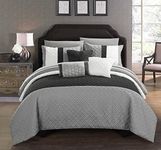 Chic Home Osnat 8 Piece Comforter Set Color Block Quilted Embroidered Design Bag Bedding – Sheets Decorative Pillows Sham Included, Twin, Grey