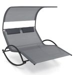 COSTWAY Double Rocking Sun Lounger, 2-Person Garden Chaise Lounge Deck Sunbed with Sun Shade Canopy and Headrest Pillows, Outdoor Swing Rocking Seat Reclining Day Bed for Patio Yard Poolside, Grey