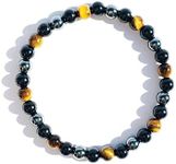 Joyfulmuze Handmade Stretch Bracelet for Men, Natural Hematite Black Tourmaline and Tiger’s Eye, Protection Luck Prosperity Jewelry, Chakra Energy Stones, Made in USA, 6mm