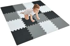 16 Pieces Tiles Foam Play Mat with Border, Interlocking Playmat Tiles, Foam Floor Mat for Kids, Puzzle Play Mat, Exercise Gym Mats – Color of Black & White & Gray