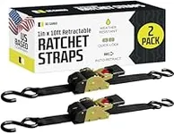 DC Cargo - Auto Retracting Ratchet Straps (2 Pack 1 inch x 10') - Heavy Duty Tie Down Retractable Ratchet Straps - Easy Self Contained Black Ratchet Strap Tie Downs for Trailers, Vehicles