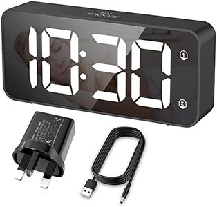 HERMIC Alarm Clock Bedside Mains Powered Large Digital Led Display, Brightness Dimmer, Adjustable Alarm Volume, Snooze, Dual Alarm, 12/24H, 8 Ringtones, USB Charging Port, Easy to Use Black