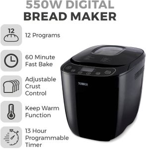 Tower Digital Bread Maker, 2 lb – 12 Programs, Non-Stick, Black