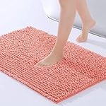 ROSMARUS Chenille Bath Mat Non-Slip Super Absorbent Bathroom Mat 80X50cm,Washable Soft Fluffy Bathroom Rug,Microfiber Shower Mat Shaggy Rug for Bathroom,Coral