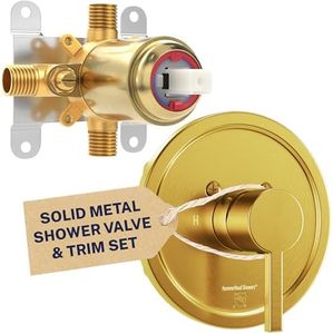 HammerHead Showers Solid Metal Single-Handle Trim Kit with Rough-In Shower Valve, Volume and Temperature Control, Pressure Balance, Brushed Gold