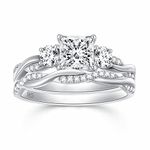 Princess Cut Wedding Ring Sets for Women White Gold, 1-1/2 Carat(ctw) Moissanite Bridal Sets Platinum Plated Silver Engagement Ring Set Twisting Infinity Pave Set, 12, Metal, Moissanite