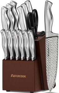 Astercook Knife Set, 15-Piece Kitchen Knife Set with Block, Built-in Knife Sharpener, German Stainless Steel Knife Block Set, Dishwasher Safe