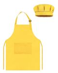 TOPWAYS Kids Apron and Chef Hat Set, Adjustable Children Chef Apron Outfit Costume, Kitchen Apron for Baking Cooking Painting, Artist Apron with Two Pockets (light yellow, M (3 to 6 years)