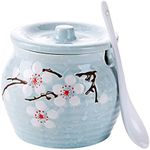 Ceramics Japanese Flower Sugar Bowl Seasoning Pot Salt Pepper Storage Jar with Lid And Spoon