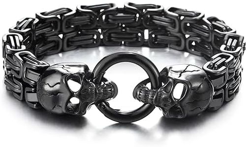 COOLSTEELANDBEYOND Negro Acero Brazalete del Dos Hebra Trenzado Byzantine Cadena, Pulsera de Hombre, con Cráneo y Cierre Mosquetón