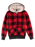 ThCreasa Kids Sherpa Fleece Lined Hoodie Jacket,Zip-Up Hooded Plaid Sweatshirt Jackets Red L(10-12)