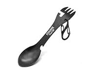 PSKOOK Spork Outdoor Spoon Fork Bottle Can Opener Camping Stainless Steel Cutlery Travel Functional Eating Utensil (Black)