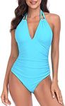 RELLECIGA Women's Sky Blue Slimming One Piece Swimsuits Tummy Control Bathing Suit Halter Swimwear for Women Size Large