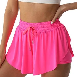 NEXSONIC Flowy Athletic Shorts for Women Running Tennis Butterfly Shorts Girls 2-in-1 Double Layer Quick-Drying Comfy Shorts, Hot-Pink, X-Small