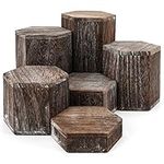 BELLE VOUS 6 Pack of Vintage Brown Wooden Hexagon Display Risers - Wood Showcase Stands for Shelves and Countertops - Step Plinths for Jewellery, Retail, Figures, Cupcakes and Desserts