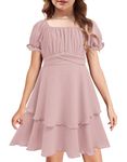 Arshiner Girls Dress Summer Off Shoulder Puff Sleeve Boho Chiffon Solid Midi Party Dresses Pink 5-6 Years