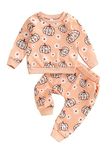 ZZLBUF Toddler Baby Girl Halloween Outfits Cute Pumpkin Pullover Sweatshirt Long Pants 2Pcs Set Infant Fall Winter Clothing (Flower Pumpkin-Orange, 18-24 Months)