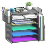 Samstar Mesh Desk Organizer, Paper Letter Tray with 5 Tier Racks Shelves,1 Extra Vertical File Sorter and Pen Holders for Office Supplies,Black