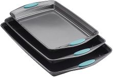 Rachael Ray Bakeware Nonstick Cookie Pan Set, 3-Piece, Gray with Agave Blue Grips