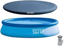 Intex 13 Ft x 32 in Easy Set Above Ground Inflatable Outdoor Swimming Pool Set with 530 GPH Krystal Clear Filter Pump & Secure Vinyl Pool Cover, Blue