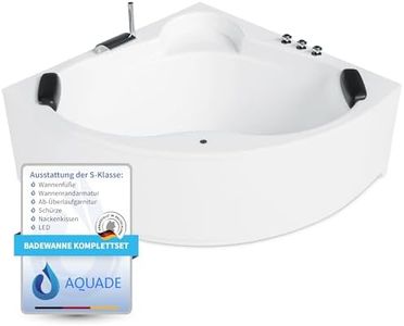 AQUADE Acryl Eckbadewanne 140x140 Modell: Essen Hergеstellt in Dеutschland - Weiß Badewanne Komplettset mit Wannenfüßen + Schürze + Ab-Überlaufgarnitur + Wannenrandarmatur + Nackenkissen + Led