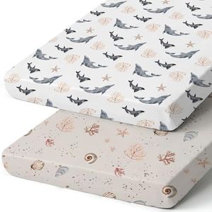 Pack n Play Sheets, BROLEX 2 Pack Mini Crib Sheets,Stretchy Portable Fitted Playard Sheet Set, Convertible Playard Mattress Cover,Ultra Soft Breathable Material, Dolphins Shells